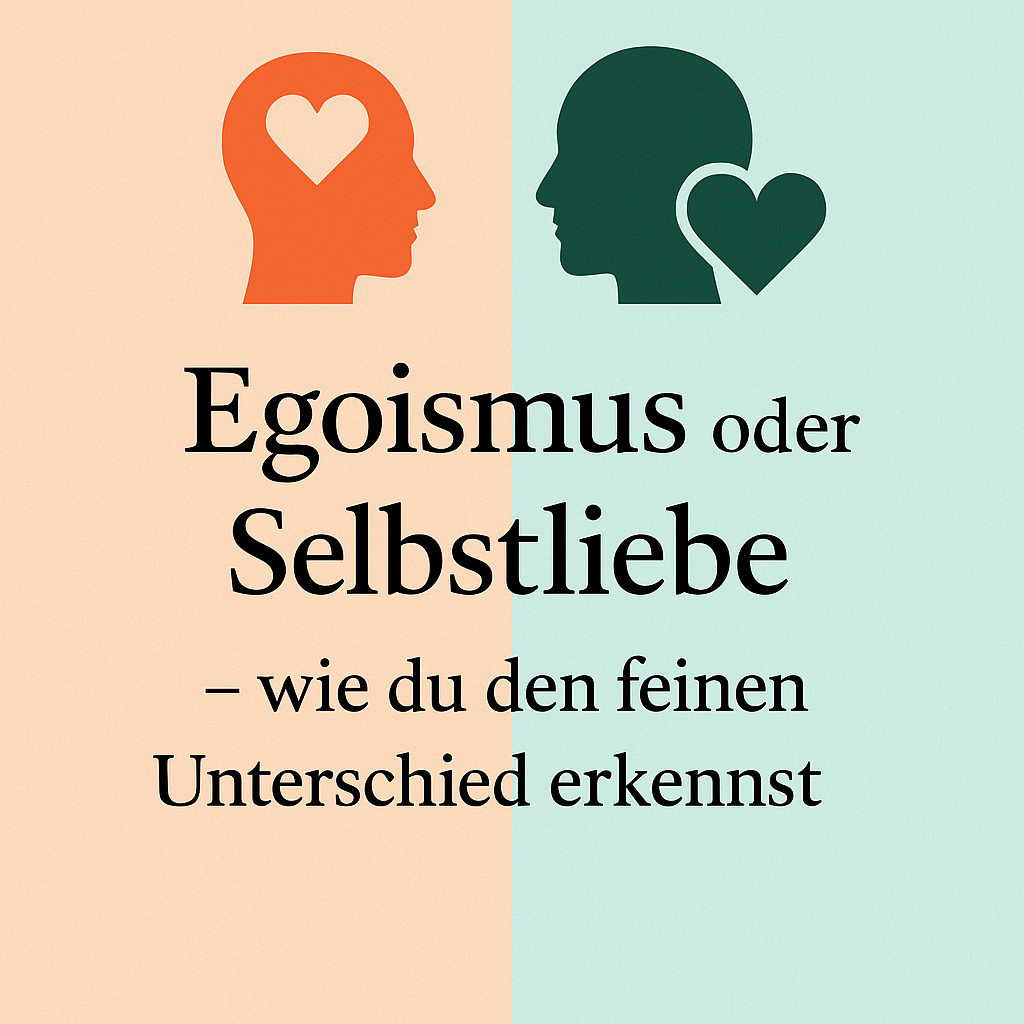 Grafik zeigt 2 Köpfe: in einem ist das Herz als Gehirn, beim anderen beim Gefühl. und in 2 verschiedenen Farben orange und grün steht: „Egoismus oder Selbstliebe. - wie du den feinen Unterschied erkennst.
