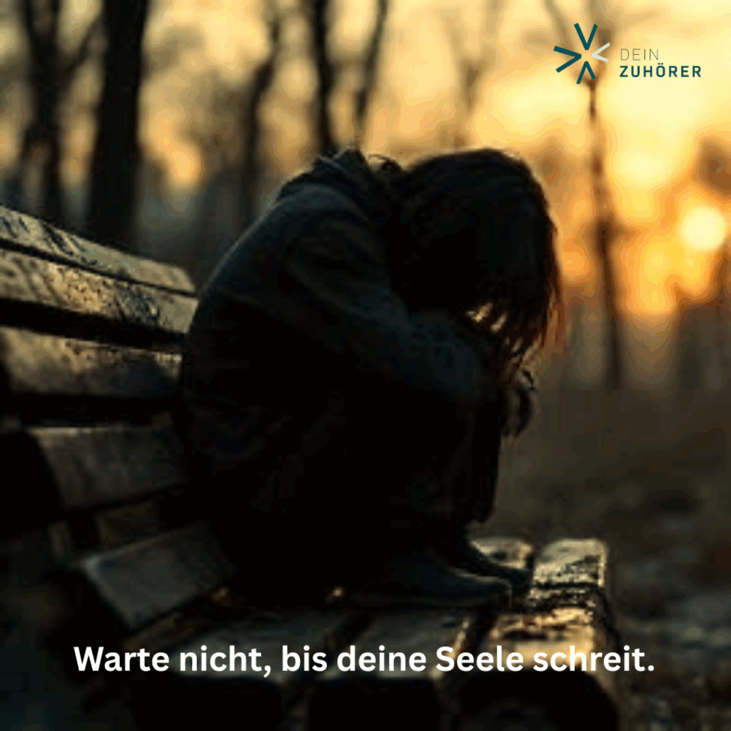 ein Mensch sitzt zusammengekauert auf einer Bank in der Natur. Es ist dunkel, doch im Hintergrund kommt ein goldenes Licht von der Sonne. Das strahlt Hoffnung aus.
