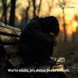 ein Mensch sitzt zusammengekauert auf einer Bank in der Natur. Es ist dunkel, doch im Hintergrund kommt ein goldenes Licht von der Sonne. Das strahlt Hoffnung aus.