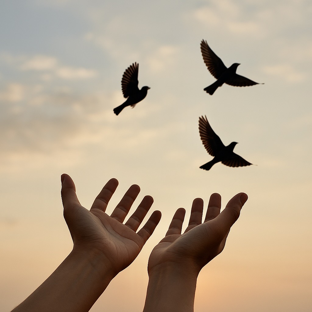 Offene Hände lassen Vögel im Abendlicht davonfliegen – Symbol für Sorgen loslassen und innere Ruhe in Graz mit Christian Schober