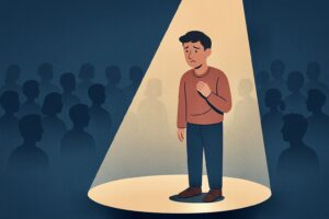 „Illustration zum Spotlight-Effekt: Ein unsicher wirkender Mann steht allein im Scheinwerferlicht, während die Menschenmenge im Hintergrund verschwommen bleibt.“