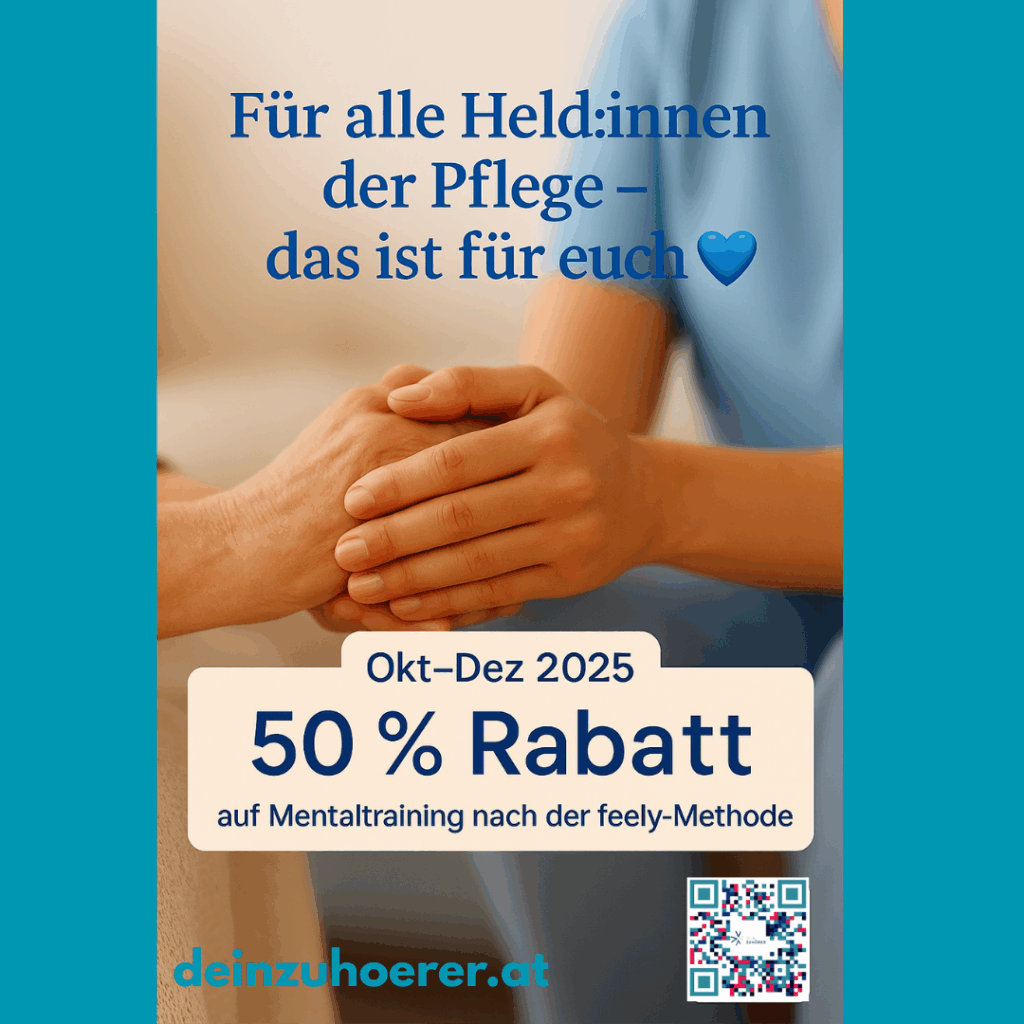 Pflegende Hände alten sanft und beschützend die Hände einer pflegebedürftigen Person. Darüber steht: „Für alle Held:innen der Pflege - das ist für euch.“ 50 % Rabatt auf Mentaltraining Oktober bis Dezember 2025