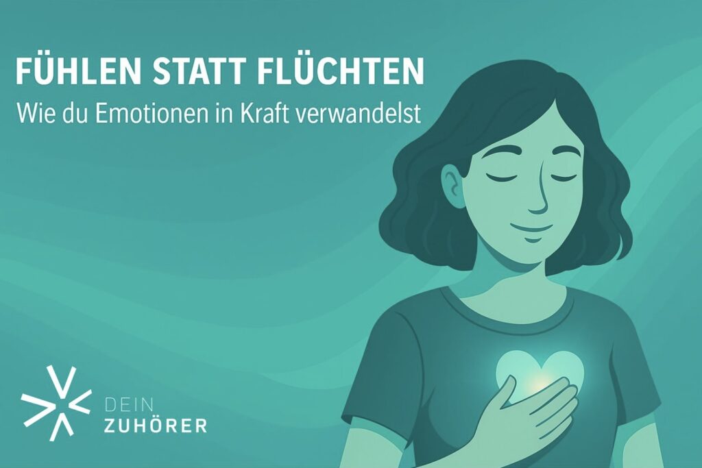 Illustration in Türkis- und Petroltönen mit einer ruhig wirkenden Frau, die ihre Hand auf ihr leuchtendes Herz legt – Symbol für bewusstes Fühlen, emotionale Stärke und innere Ruhe. Text: „Fühlen statt Flüchten – Wie du Emotionen in Kraft verwandelst“.