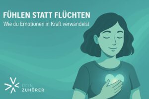 Illustration in Türkis- und Petroltönen mit einer ruhig wirkenden Frau, die ihre Hand auf ihr leuchtendes Herz legt – Symbol für bewusstes Fühlen, emotionale Stärke und innere Ruhe. Text: „Fühlen statt Flüchten – Wie du Emotionen in Kraft verwandelst“.