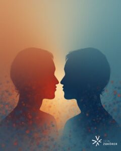 Zwei gegenüberliegende menschliche Silhouetten in warmem Orange und kühlem Blau symbolisieren den Unterschied zwischen Emotion und Gefühl.