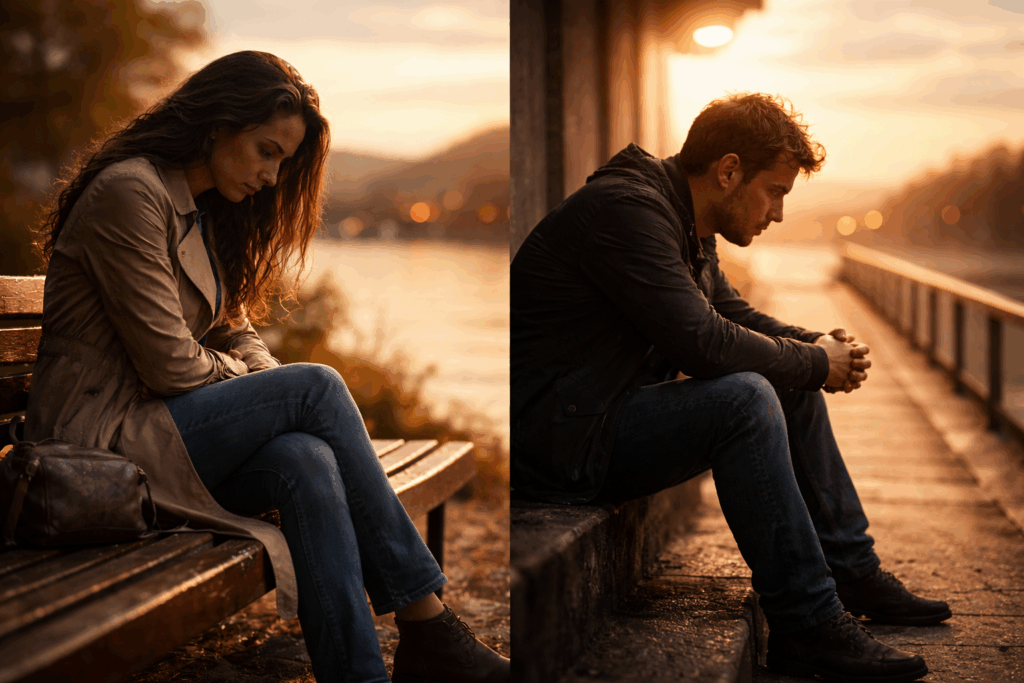 Einsamkeit verstehen – eine Frau und ein Mann sitzen getrennt, in ruhiger Abendstimmung, in sich gekehrt.