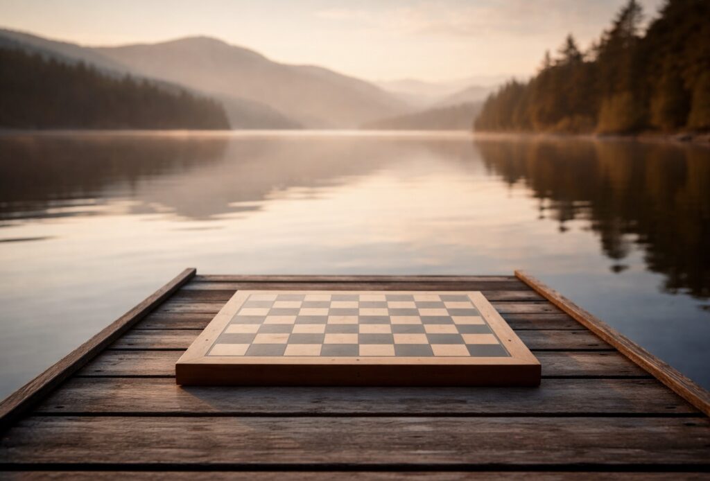 Leeres Schachbrett am See als Symbol für das Leben als Spiel, bewusste Entscheidungen und selbstbestimmte Lebensgestaltung