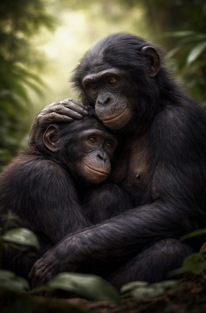 Zwei Bonobos sitzen nah beieinander und zeigen ruhige soziale Verbindung